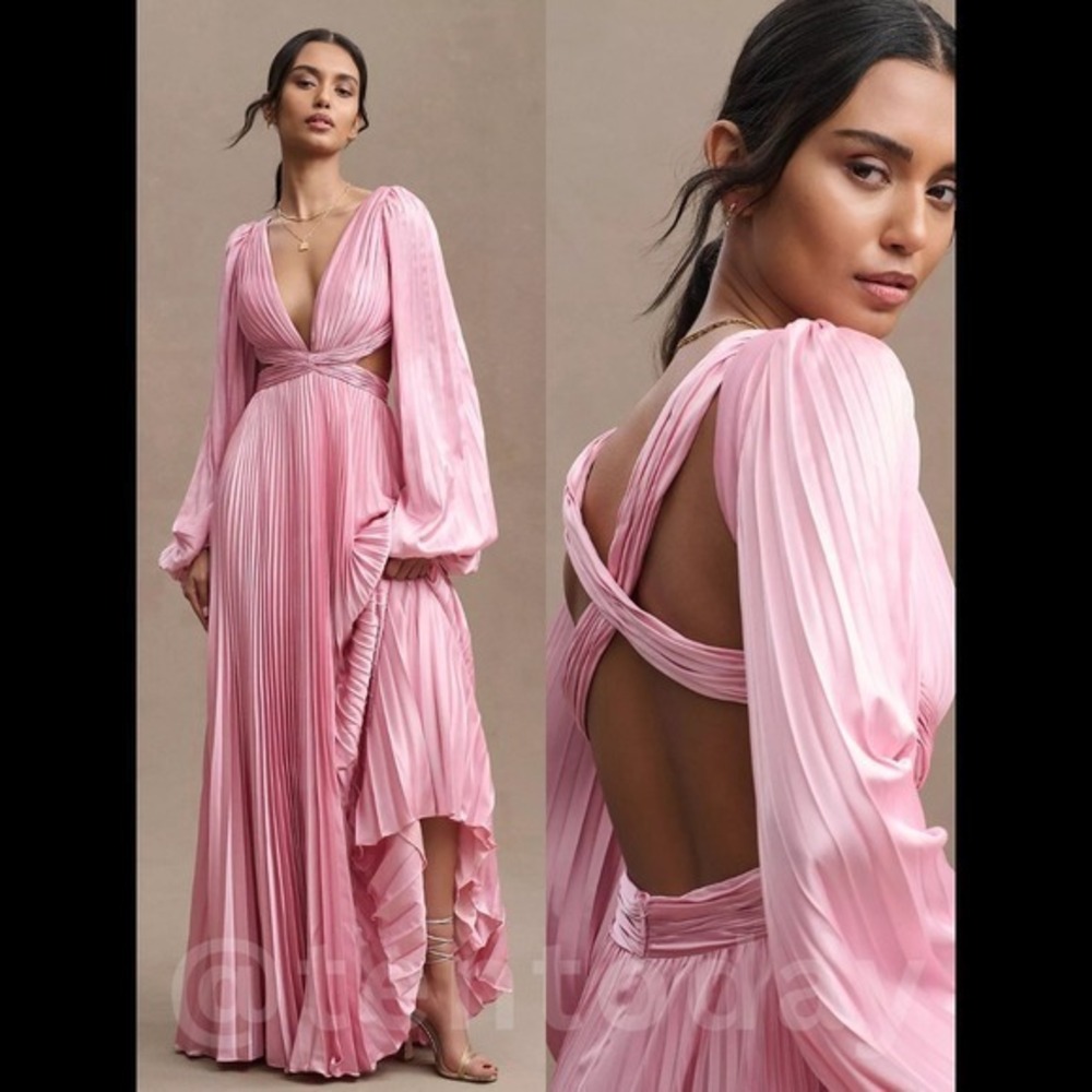 $498 Mac Duggal Size 4 Pink Pleated Long Sleeve Cutout A-Line Maxi Dress Gown